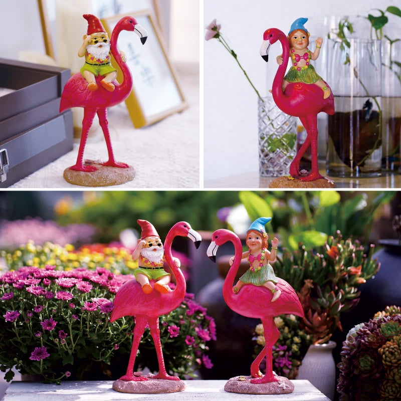 Goodeco 2Pack Gnome Riding Flamingo Statues - 11 "Adorable Hawaii Pink Flamingo Gifts, Birthday & Mom Gifts, Perfect Home and Garden Decor, Beach Party Decorations (M&L) - Image 4